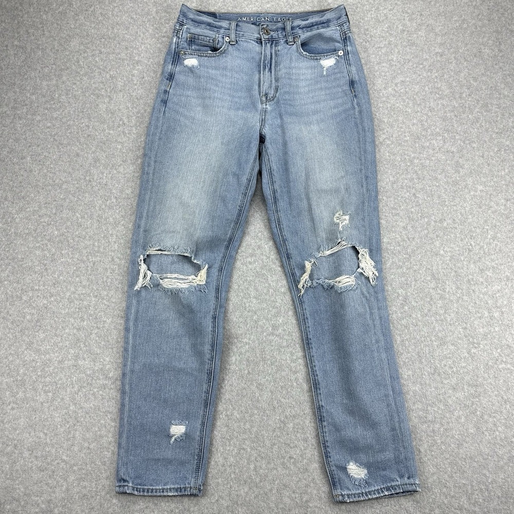 American Eagle Jeans Women 4 Blue Mom Denim Ripped High Waist Grunge Relaxed Fit